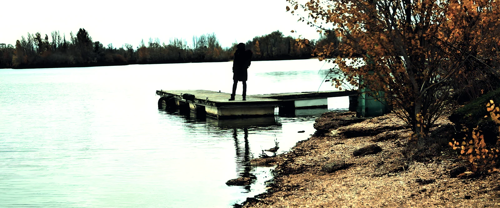Silhouette sur un ponton au bord de l'eau, image de film
